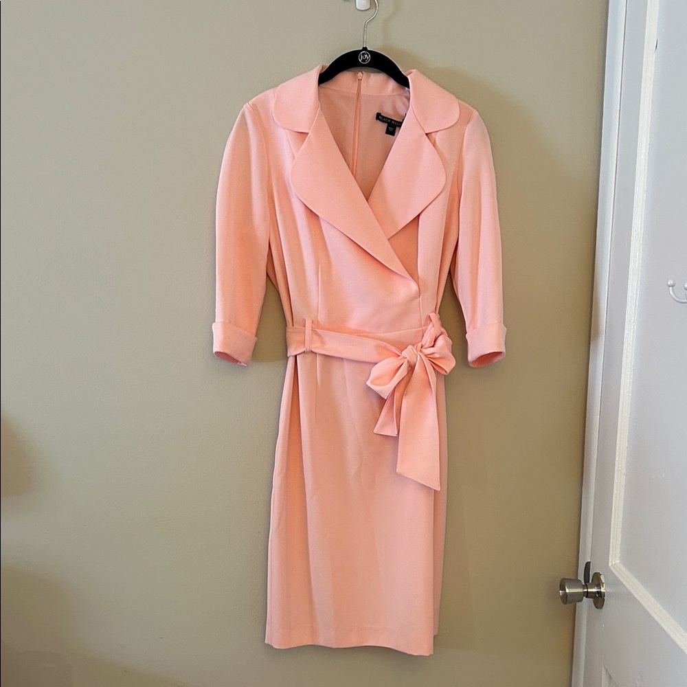 Black Halo Peach-Pink Wrap Midi Dress with Self-Tie Belt